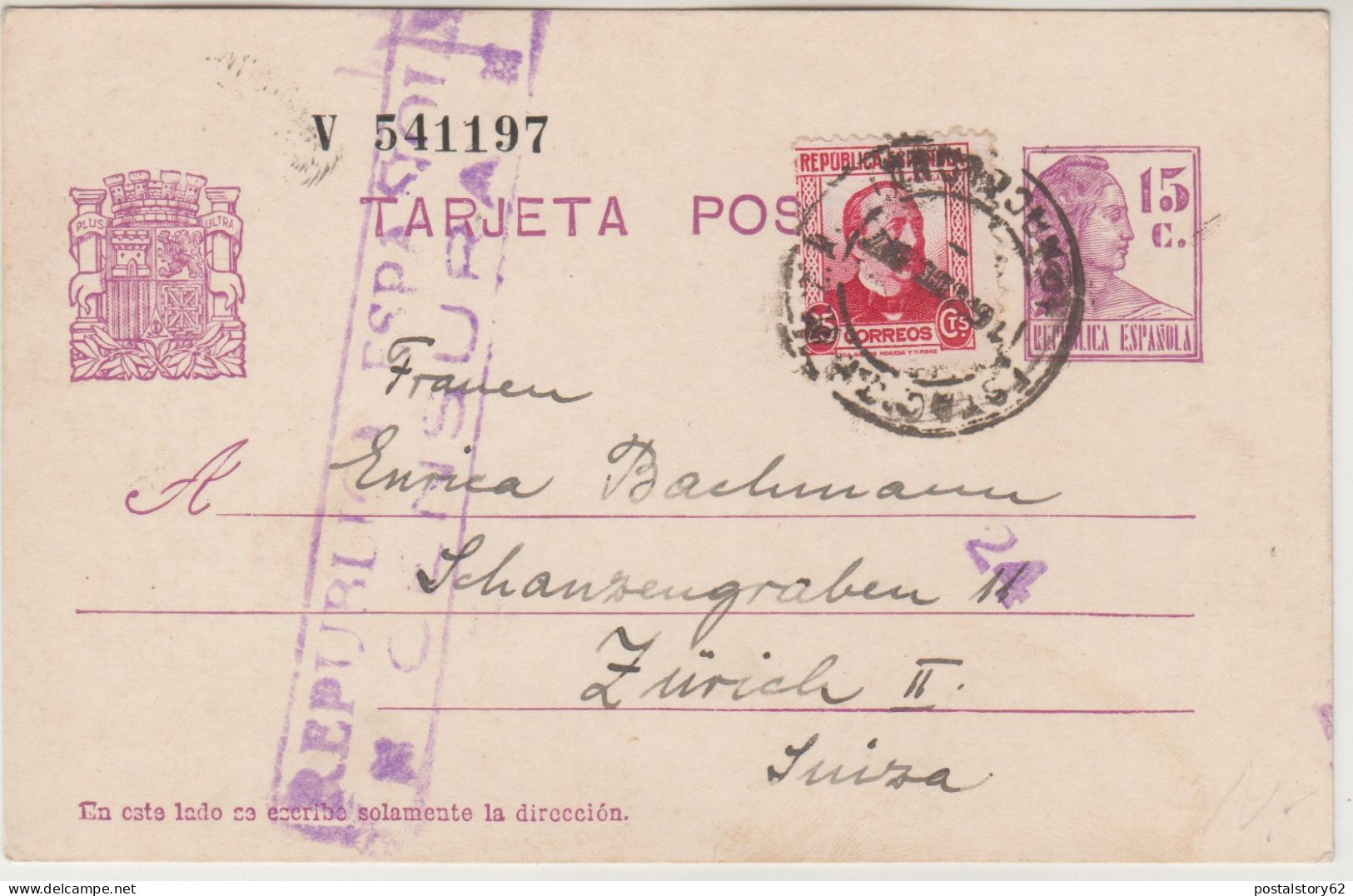 Guerra Civile Spagnola, Cartolina Intero Postale Repubblica  Espanola Con Censura. Barcellona To Zurigo 1937 - 1931-....