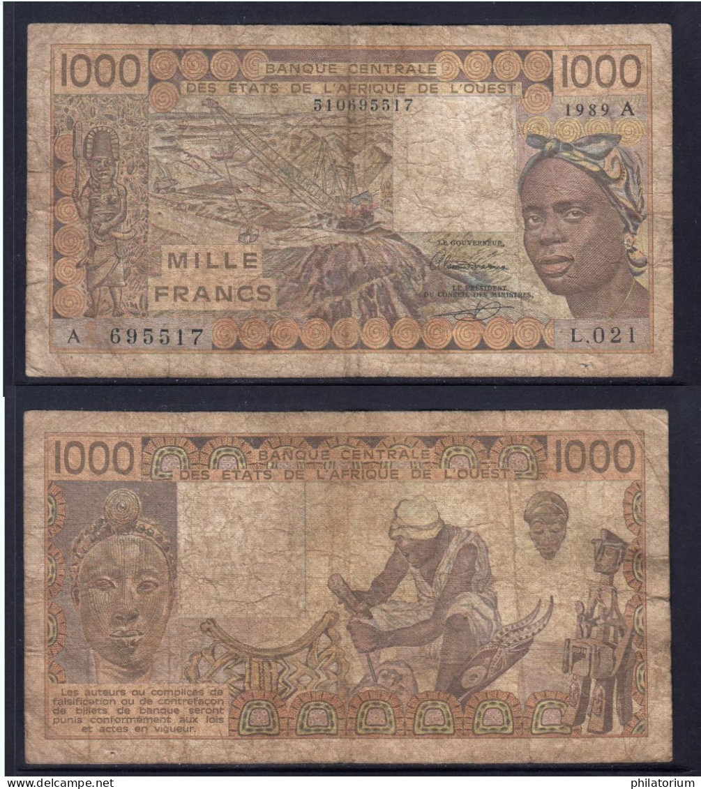 1000 Francs CFA, 1989 A, Côte D' Ivoire, L.021, A 695517, Oberthur, P#_07, Banque Centrale États De L'Afrique De L'Ouest - West-Afrikaanse Staten