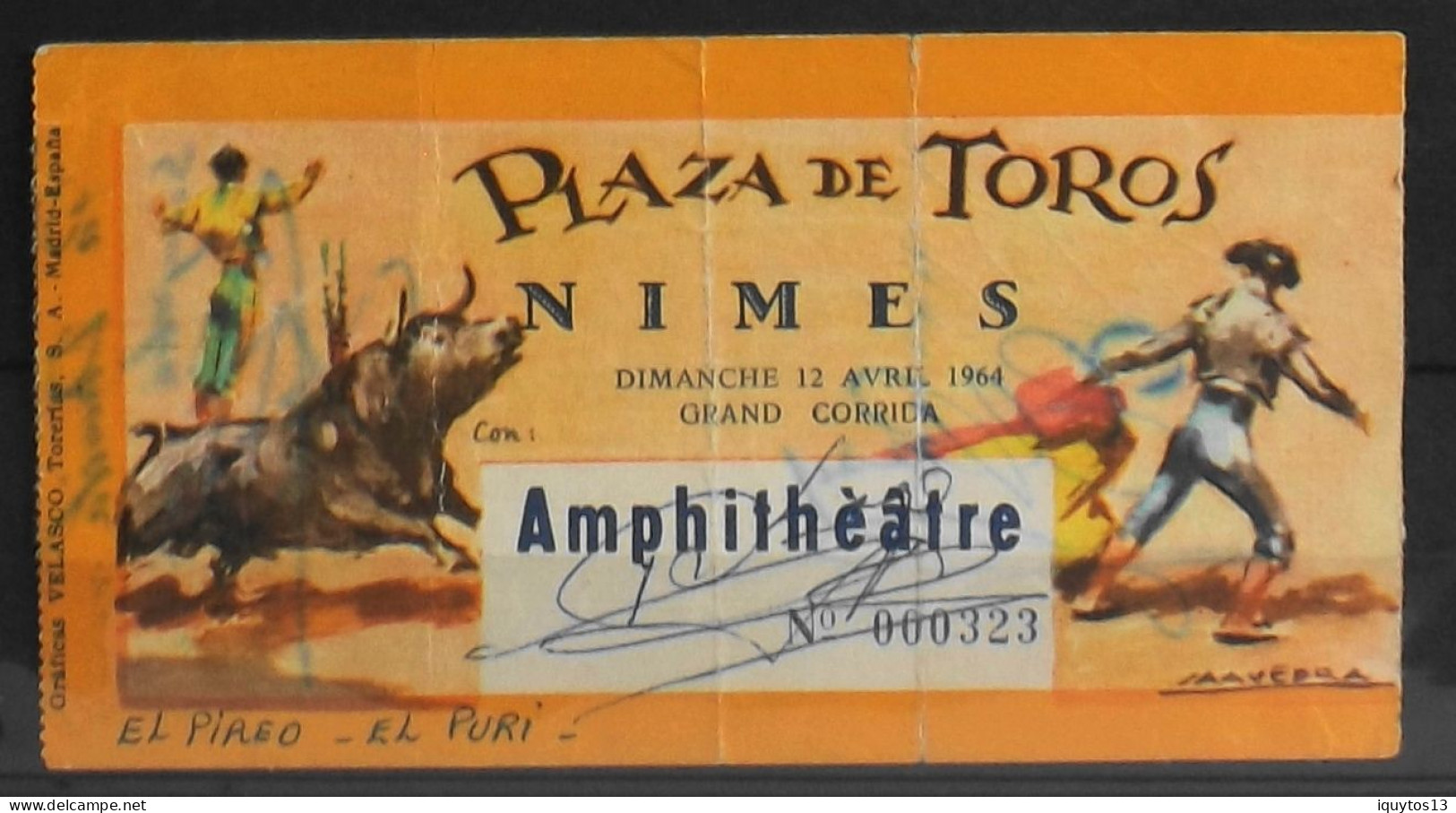 BILLET - CORRIDA - Plaza De Toros - NIMES Dimanche 12 Avril 1964 - Amphithéâtre - Les Toreros Du Jour Sont Indiqués - Eintrittskarten