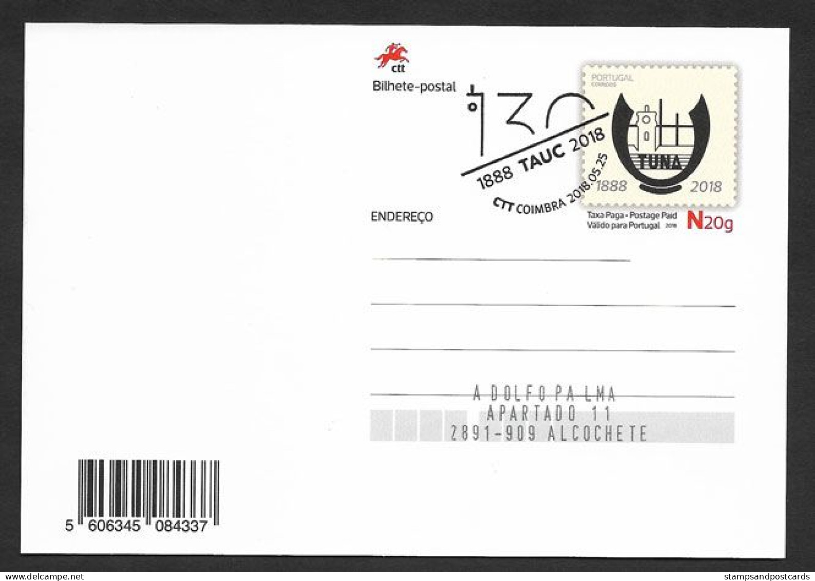 Portugal Entier Postal 2018 Université De Coimbra 130 Ans Tuna Troupe Musique Guitare Postal Stationery Music Guitar - Musique