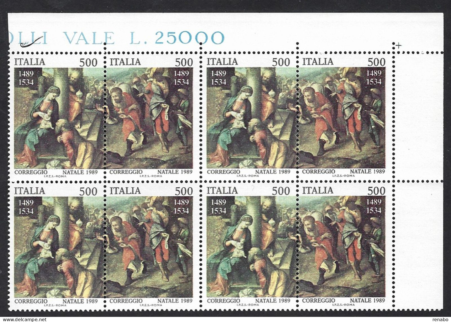 Italia 1989; Natale “Adorazione Dei Magi”; Serie Completa In Dittico: Quartina Di Angolo Superiore. - 1981-90: Mint/hinged