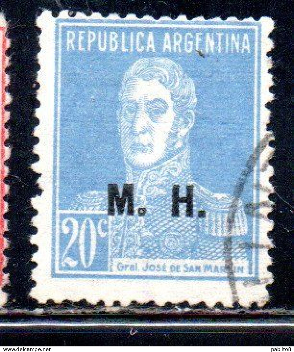 ARGENTINA 1923 1931 OFFICIAL DEPARTMENT STAMP OVERPRINTED M.H. MINISTRY OF FINANCE MH 20c USED USADO - Officials