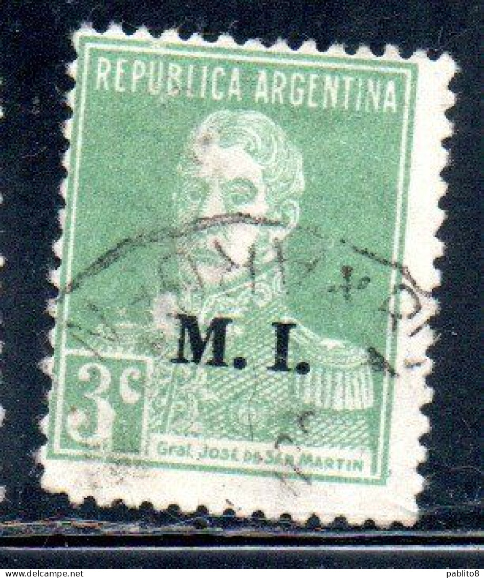 ARGENTINA 1923 1931 OFFICIAL DEPARTMENT STAMP OVERPRINTED M.I. MINISTRY OF INTERIOR MI 3c USED USADO - Dienstmarken