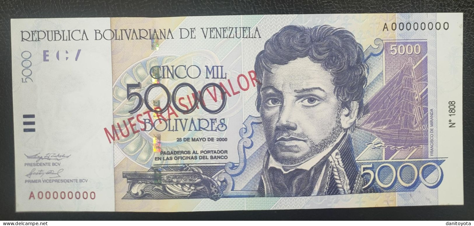 VENEZUELA. 5000 BOLIVARES 25 DE MAYO  DE 2000 SOBRECARGA MUESTRA SIN VALOR SIN CIRCULAR. - Venezuela