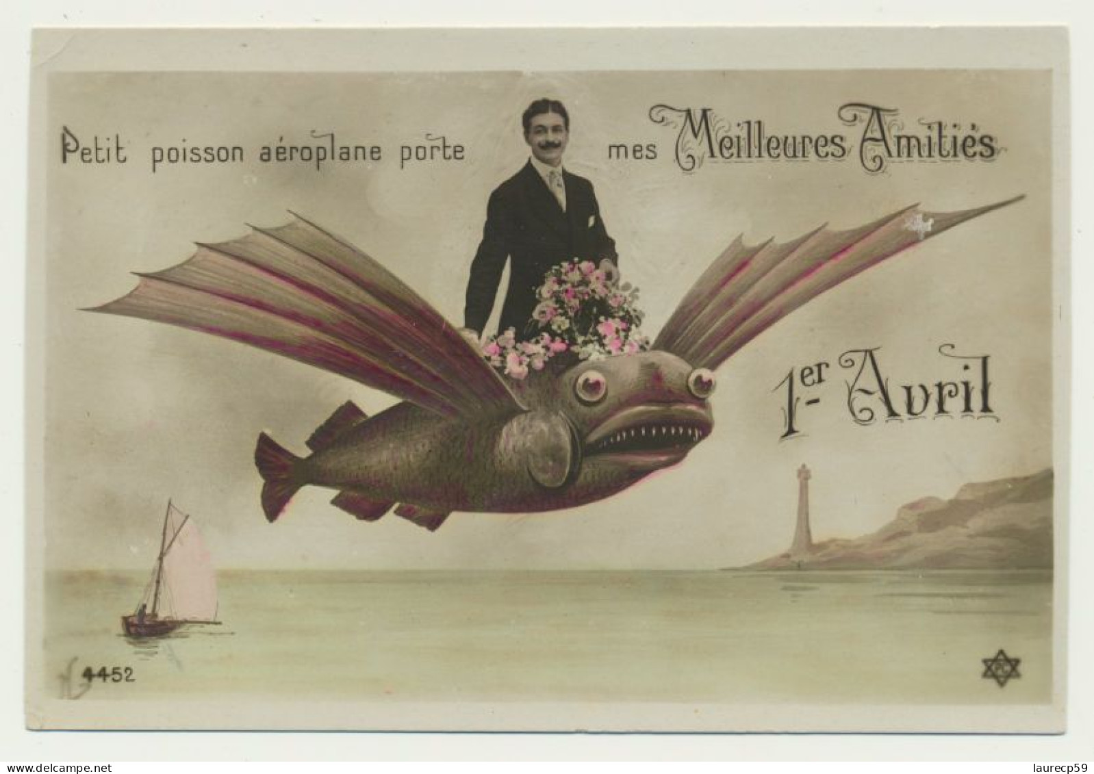 Carte Fantaisie Homme Sur Poisson Aéroplane  - 1er Avril - 1er Avril - Poisson D'avril