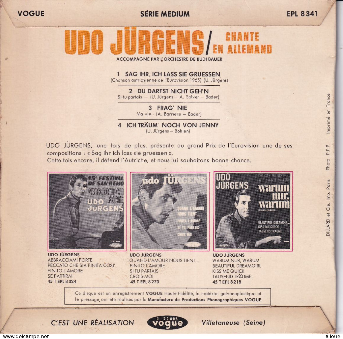 UDO JURGENS - FR EP EUROVISION 1965  - SAG IHR, ICH LASS SIE GRUESSEN + 3 - Sonstige - Deutsche Musik