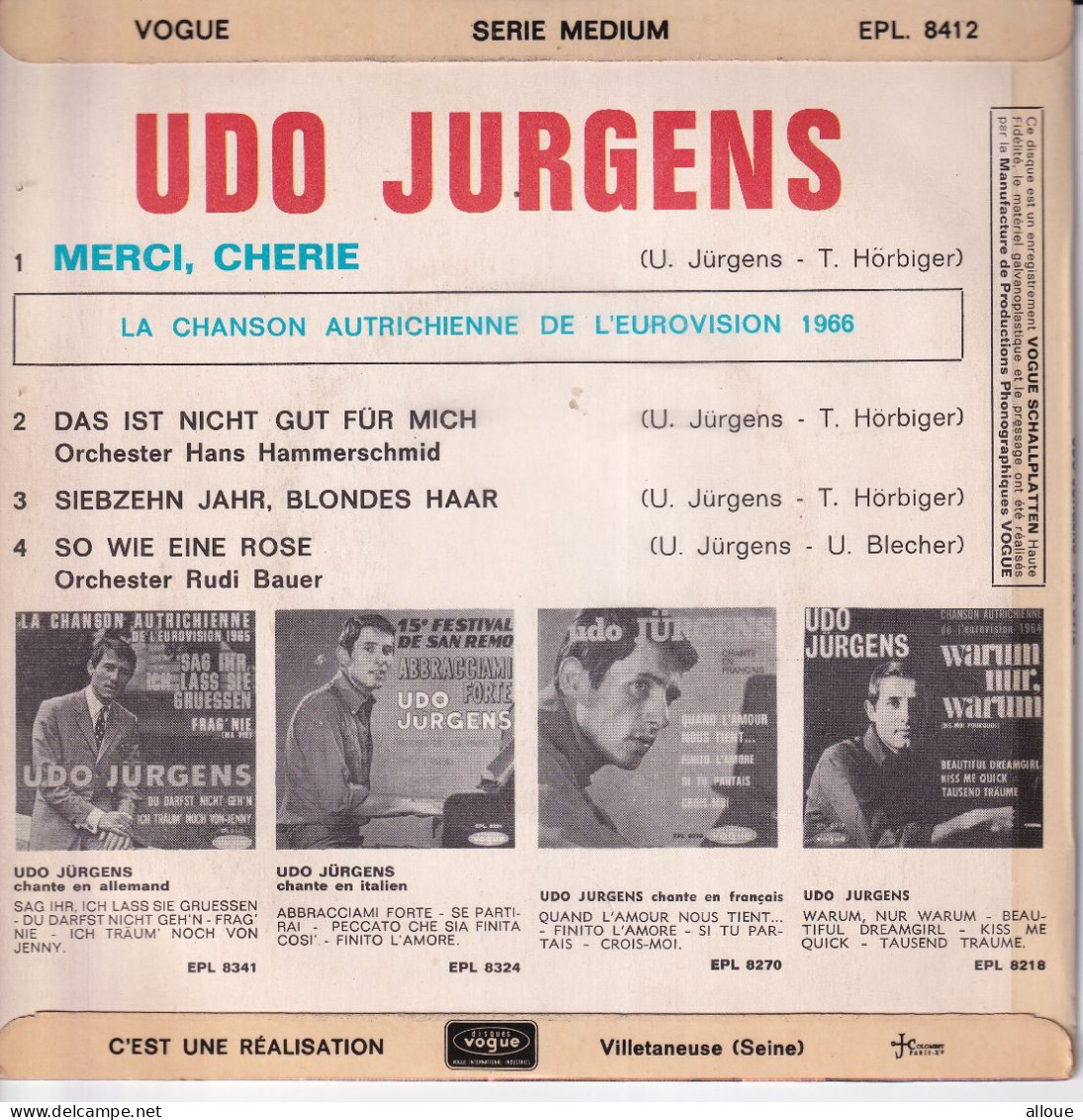 UDO JURGENS - FR EP EUROVISION 1966  - MERCI CHERIE + 3 - Otros - Canción Alemana