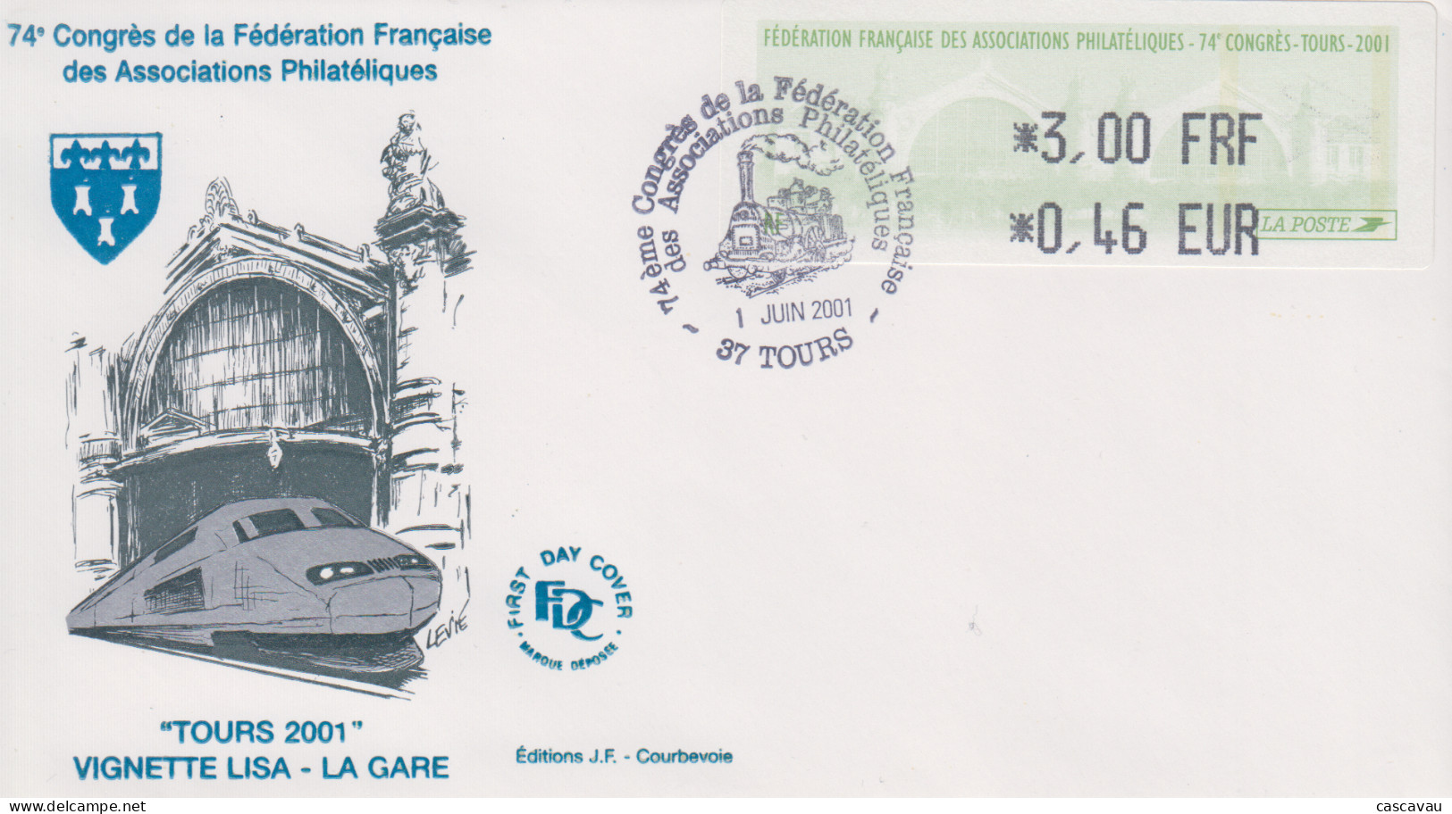 Enveloppe  Vignette  LISA    FRANCE    74éme   Congrés  Des   Associations   Philatéliques   TOURS    2001 - 1999-2009 Illustrated Franking Labels