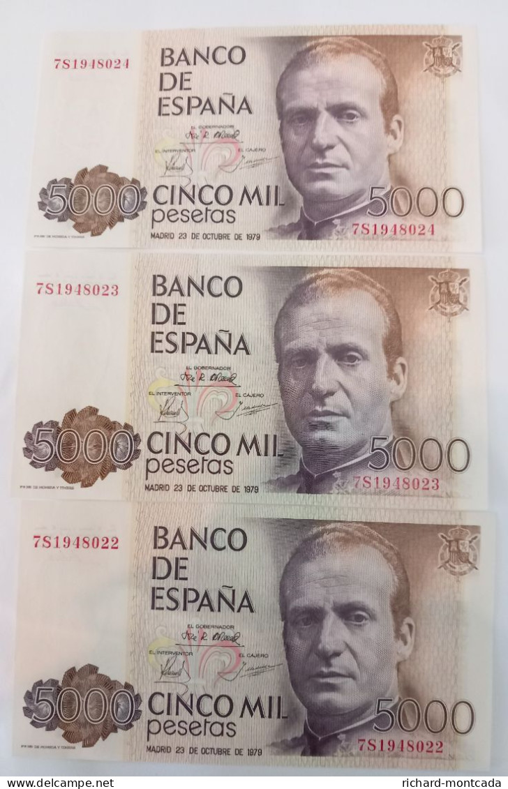 3 Billetes Sin Circular .Nuevos (Guardados Hace 35 Años) De 1979 Con Valor 5000 Pesetas De España.NUMEROS CONSECUTIVOS. - Autres - Europe
