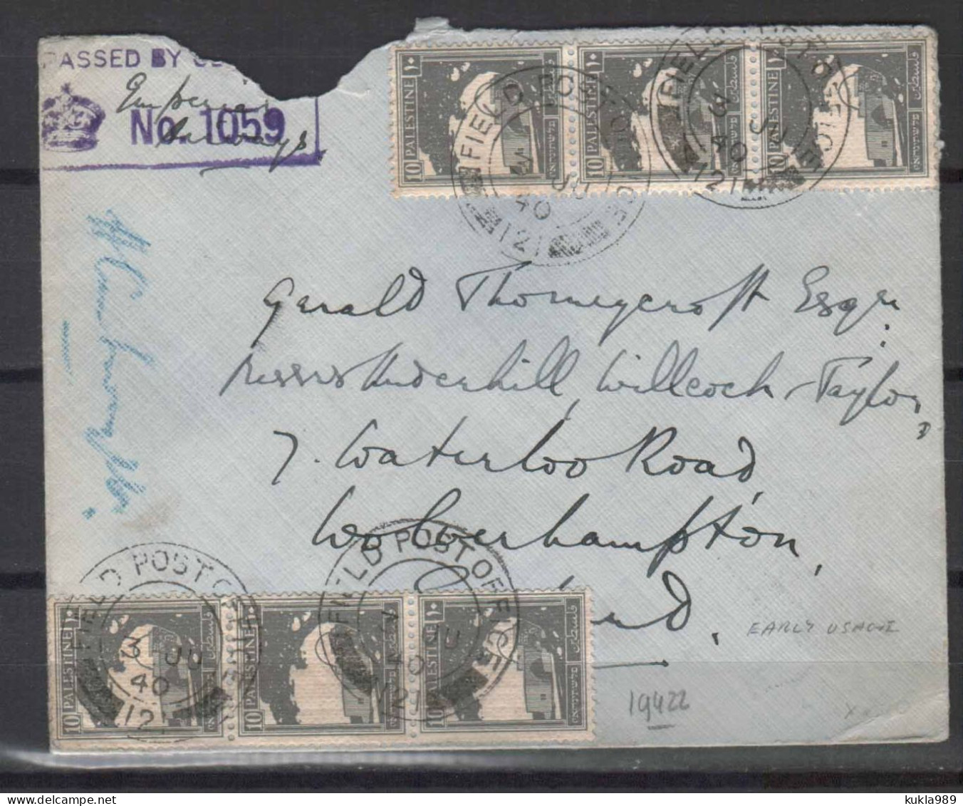 BRITISH PALESTINE ISRAEL. WW 2. CENSORED FIELD POST  COVER TO ENGLAND , 1940 - Levant Britannique