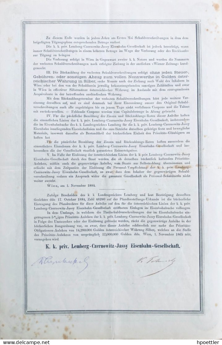 Vienne 1884: 4 % Anleihe Der K. K. Priv. Lemberg Czernowitz Jassy Eisenbahn-Gesellschaft 300 Gulden - Chemin De Fer & Tramway