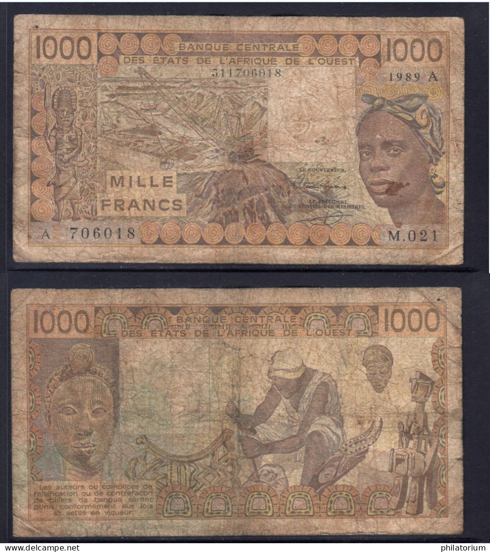 1000 Francs CFA, 1989 A, Côte D' Ivoire, M.021, A 706018, Oberthur, P#_07, Banque Centrale États De L'Afrique De L'Ouest - Stati Dell'Africa Occidentale