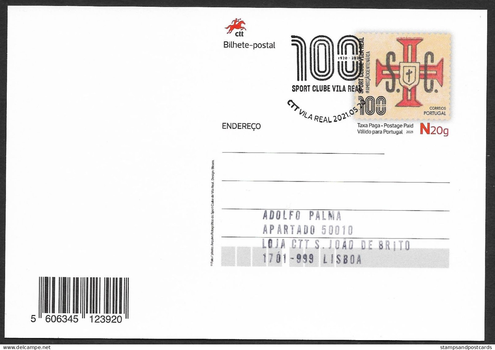 Portugal Entier Postal 2021 Football 100 Ans Sport Clube Vila Real Cachet Premier Jour Stationery Soccer Pmk - Postal Stationery