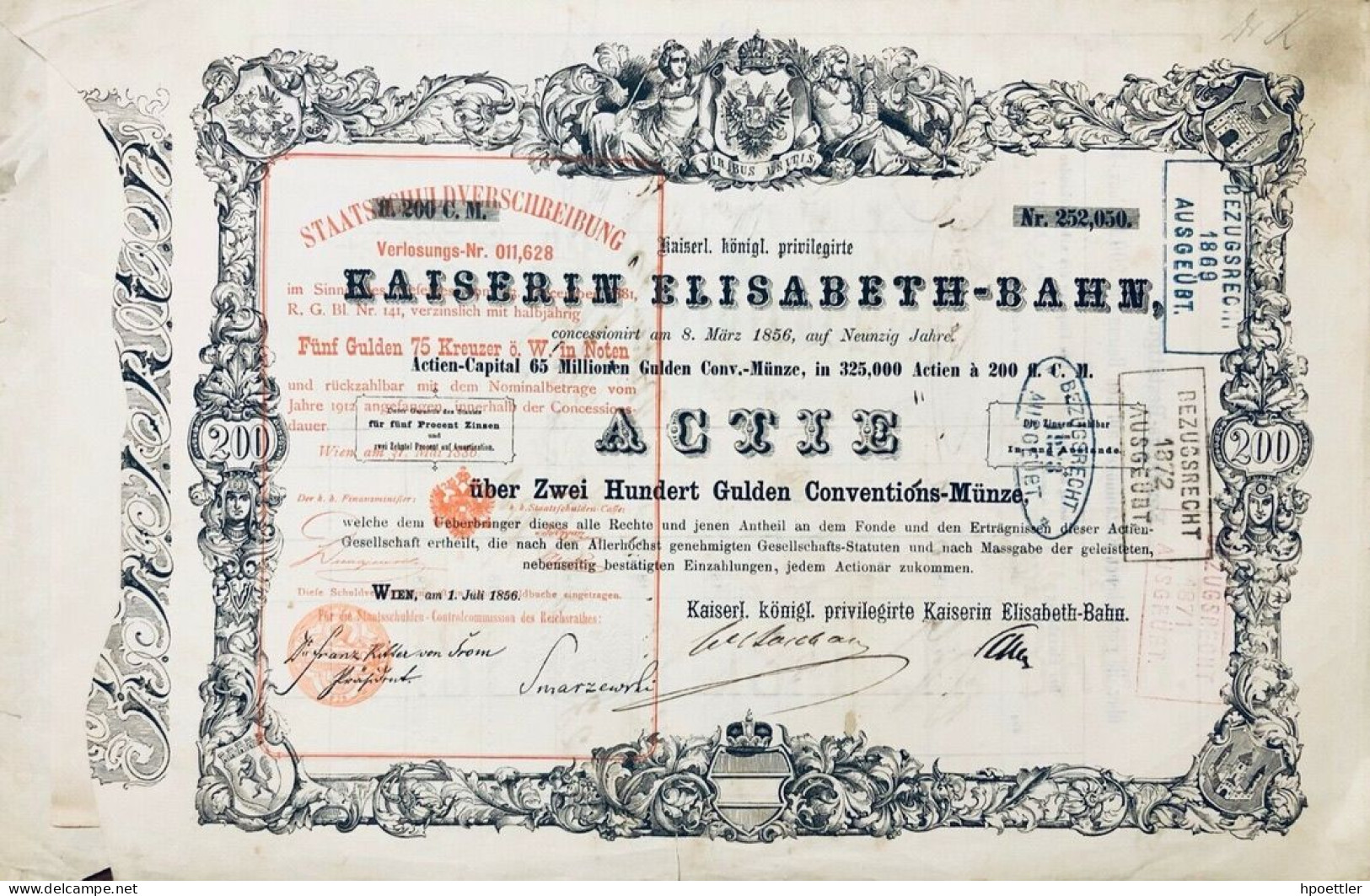 Vienne 1856: Part Du Fondateur: Kaiserin-Elisabeth-Bahn - 200 Gulden - Railway & Tramway