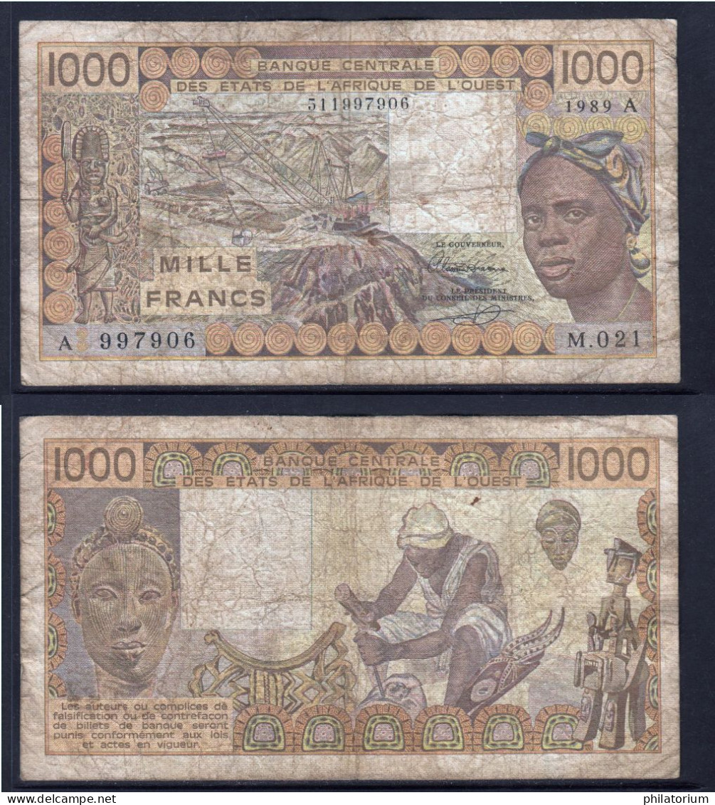 1000 Francs CFA, 1989 A, Côte D' Ivoire, M.021, A 997906, Oberthur, P#_07, Banque Centrale États De L'Afrique De L'Ouest - West African States