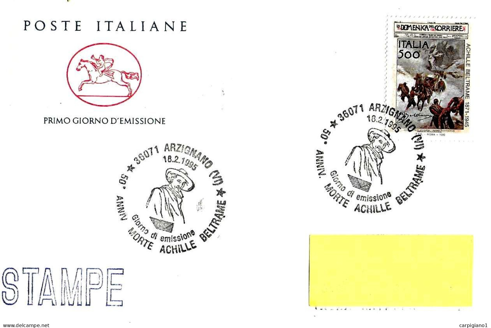 ITALIA ITALY - 1995 ARZIGNANO (VI) 50° Morte ACHILLE BELTRAME Su Busta PT Fdc Viaggiata - 8795 - 1991-00: Marcofilie