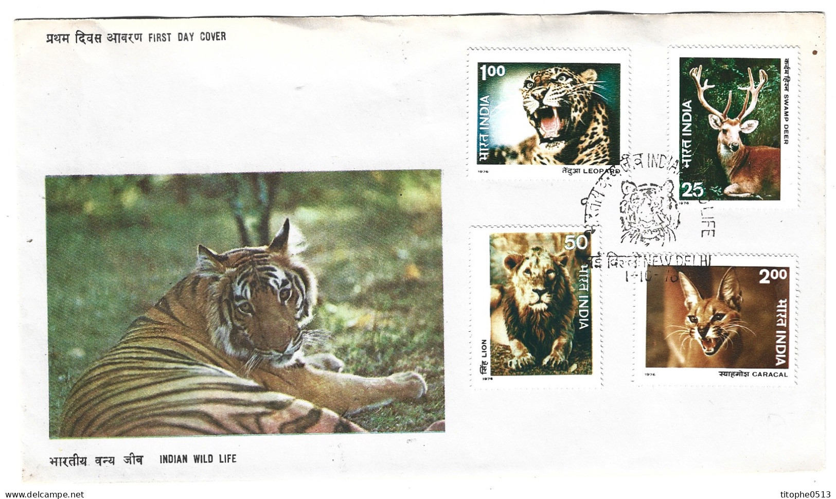 INDE. N°494-7 De 1976 Sur Enveloppe 1er Jour. Lion/Léopard/Caracal/Cerf. - Félins