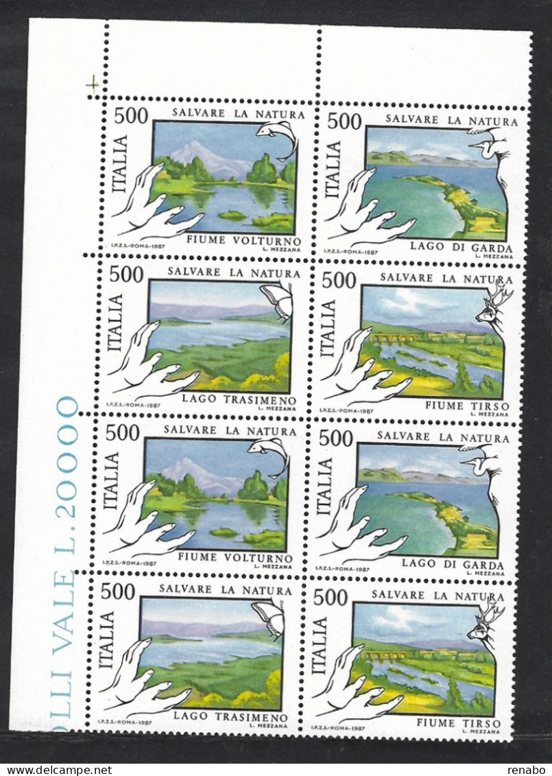 Italia 1987; Salvaguardia Della Natura: Laghi E Fiumi; Blocco Di Angolo Superiore Con 2 Serie Complete. - 1981-90: Neufs