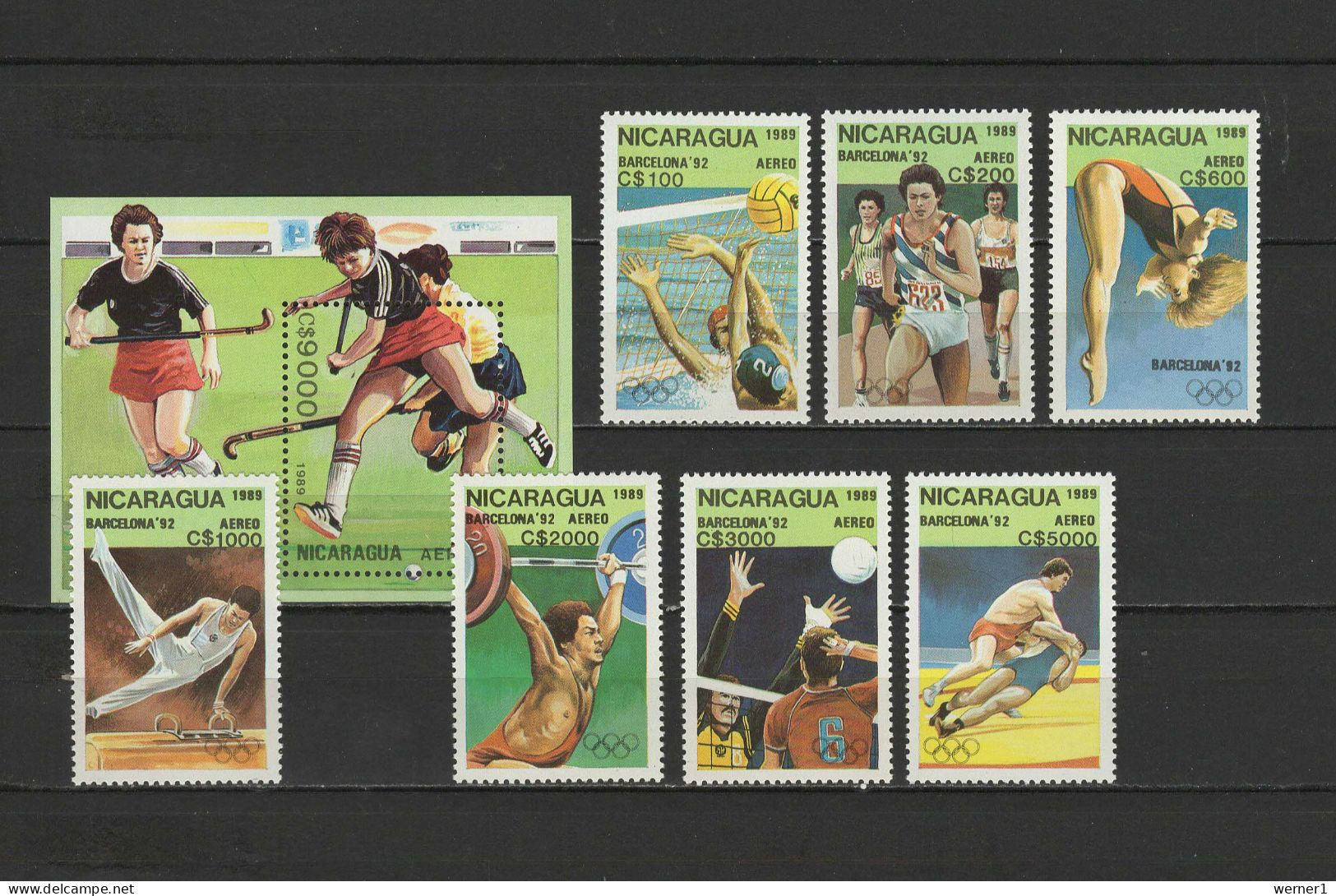 Nicaragua 1989 Olympic Games Barcelona, Hockey, Waterball, Volleyball Etc. Set Of 7 + S/s MNH - Ete 1992: Barcelone