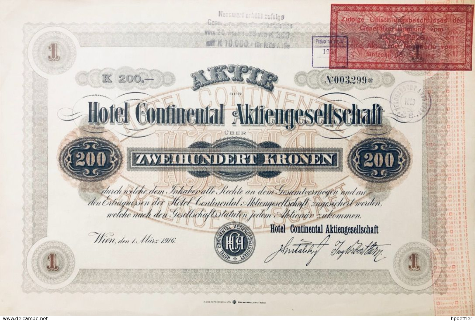 Vienne 1916: Grand Format: Hotel Continental Aktiengesellschaft 200 Kronen - Chemin De Fer & Tramway