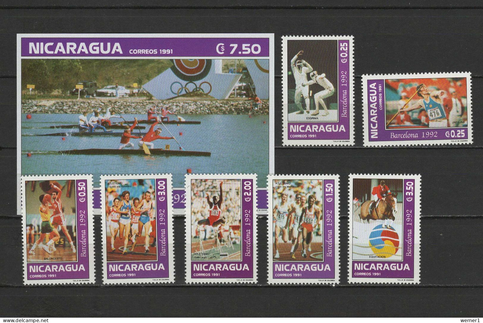 Nicaragua 1992 Olympic Games Barcelona, Rowing, Fencing, Javelin, Equestrian Etc. Set Of 7 + S/s MNH - Zomer 1992: Barcelona