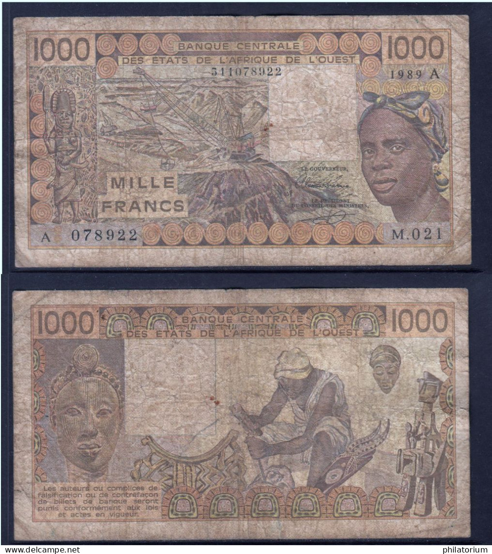 1000 Francs CFA, 1989 A, Côte D' Ivoire, M.021, A 078922, Oberthur, P#_07, Banque Centrale États De L'Afrique De L'Ouest - Stati Dell'Africa Occidentale