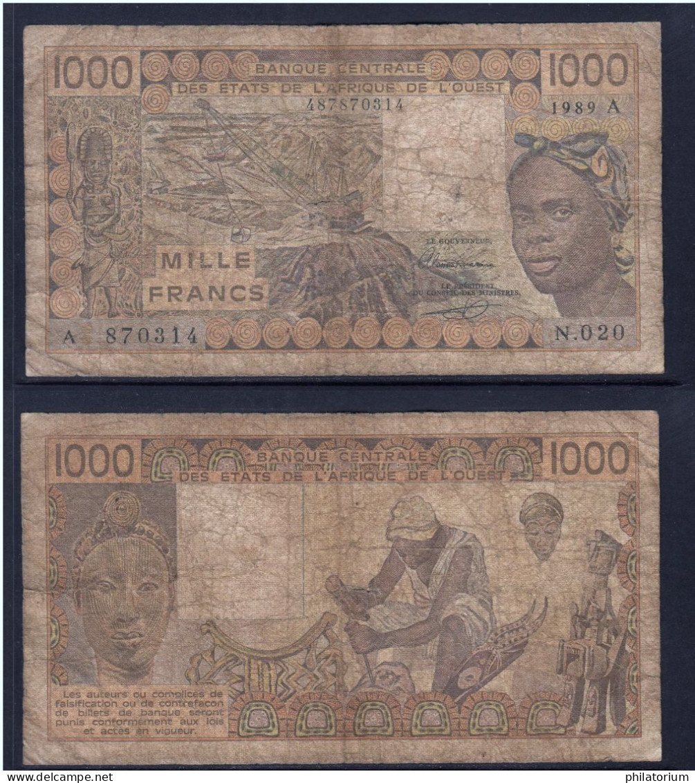 1000 Francs CFA, 1989 A, Côte D' Ivoire, N.020, A 870314, Oberthur, P#_07, Banque Centrale États De L'Afrique De L'Ouest - West-Afrikaanse Staten