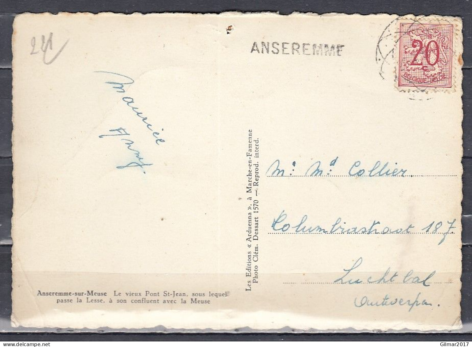 Postkaart Naar Antwerpen Met Langstempel Anseremme - Linear Postmarks