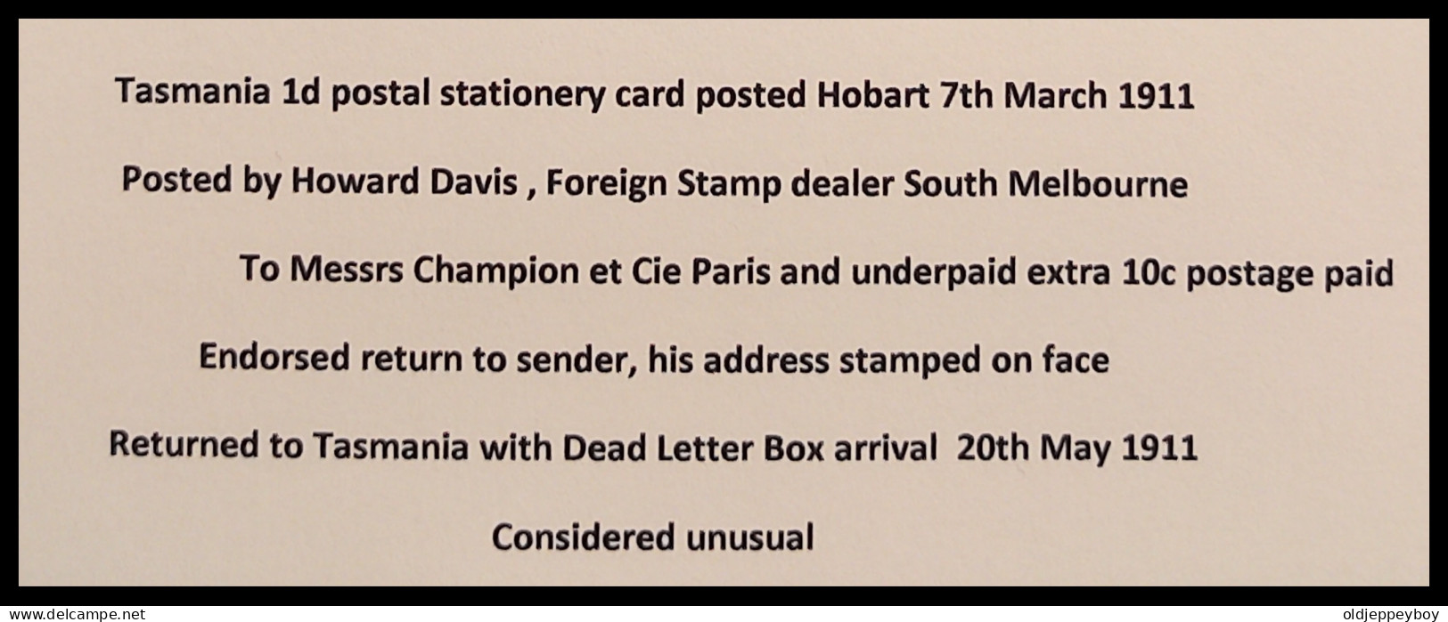 POSTCARD 1911 HOBART TASMANIA AUSTRALIA TO FRANCE PARIS UNDERPAID ENORSED RETURN TO SENDER DEAD LETTER BOX ARRIVAL - Storia Postale