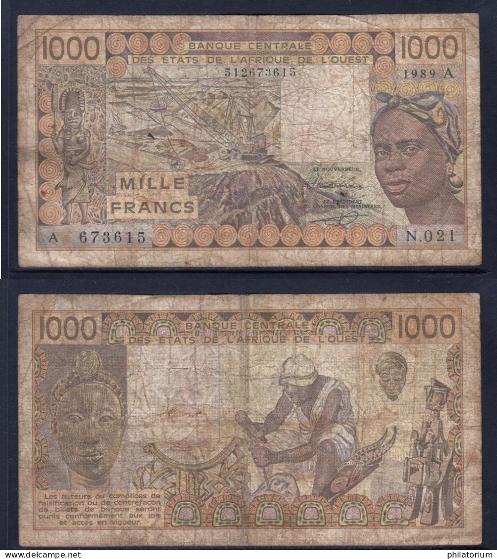 1000 Francs CFA, 1989 A, Côte D' Ivoire, N.021, A 673615, Oberthur, P#_07, Banque Centrale États De L'Afrique De L'Ouest - Stati Dell'Africa Occidentale