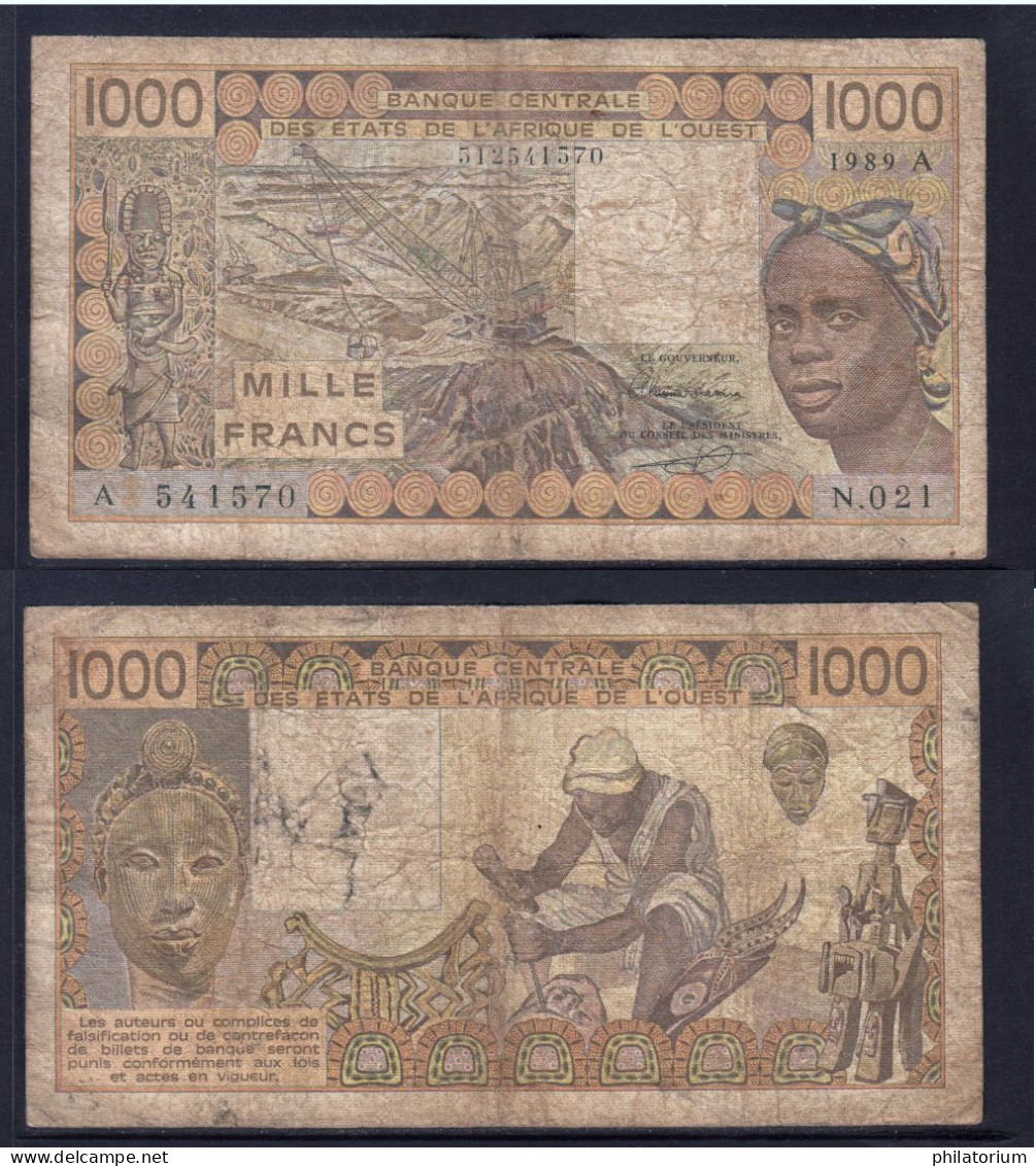 1000 Francs CFA, 1989 A, Côte D' Ivoire, N.021, A 541570, Oberthur, P#_07, Banque Centrale États De L'Afrique De L'Ouest - West-Afrikaanse Staten
