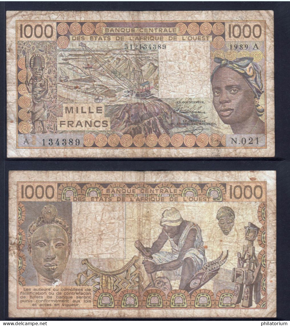 1000 Francs CFA, 1989 A, Côte D' Ivoire, N.021, A 134389, Oberthur, P#_07, Banque Centrale États De L'Afrique De L'Ouest - West African States