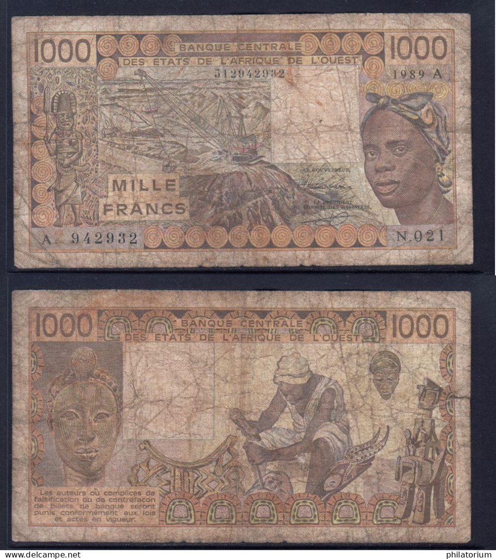 1000 Francs CFA, 1989 A, Côte D' Ivoire, N.021, A 942932, Oberthur, P#_07, Banque Centrale États De L'Afrique De L'Ouest - West African States