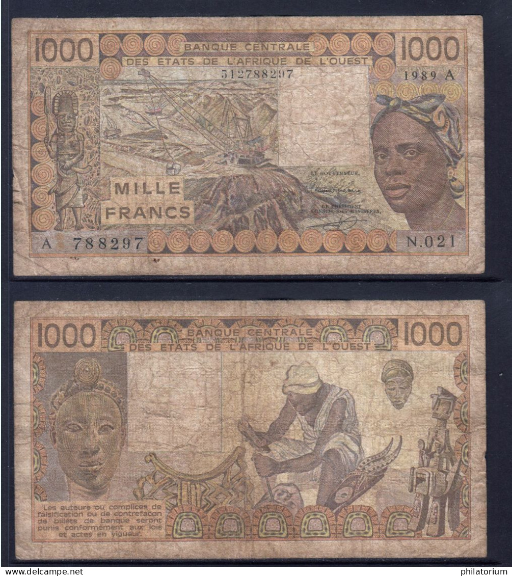 1000 Francs CFA, 1989 A, Côte D' Ivoire, N.021, A 788297, Oberthur, P#_07, Banque Centrale États De L'Afrique De L'Ouest - Stati Dell'Africa Occidentale