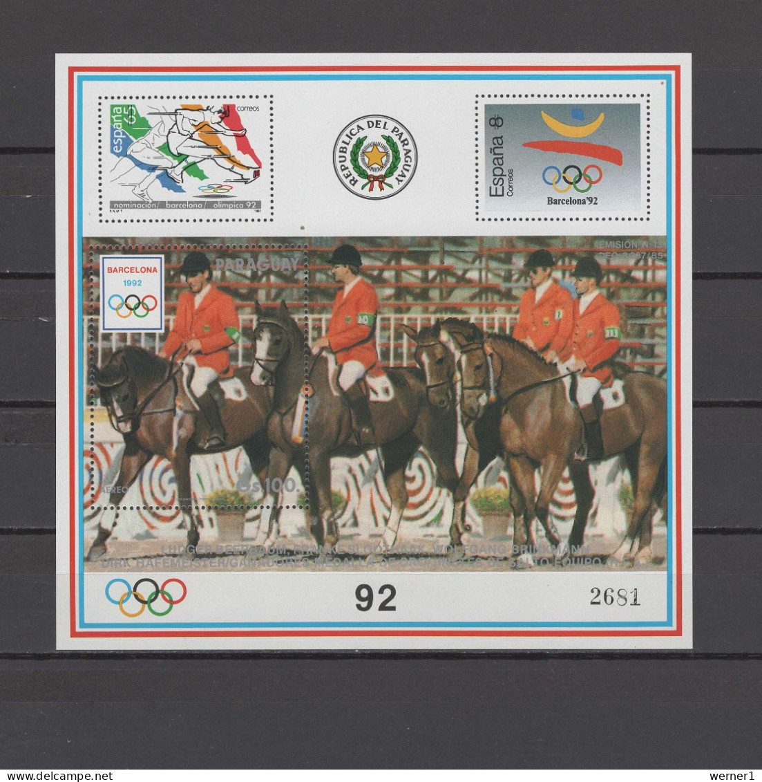 Paraguay 1990 Olympic Games Barcelona, Equestrian S/s With White Border MNH - Ete 1992: Barcelone