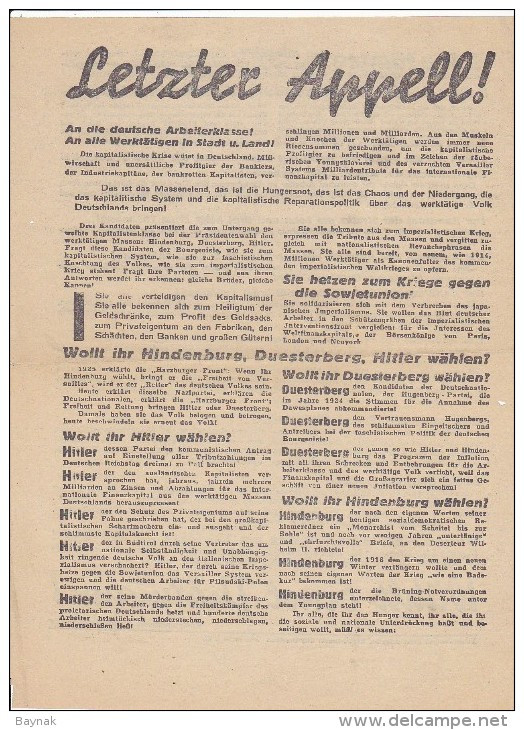 ORIGINAL PLAKAT 29,5 Cm X 21,5 Cm  --  LETZTER APPELL !   ADOLF HITLER, HINDENBURG, ERNST THALMANN - 1939-45