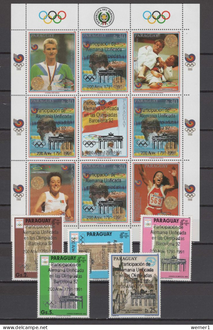 Paraguay 1991 Olympic Games Barcelona, Swimming, Judo Etc. Sheetlet + 5 Stamps With Silver Overprint MNH - Summer 1992: Barcelona