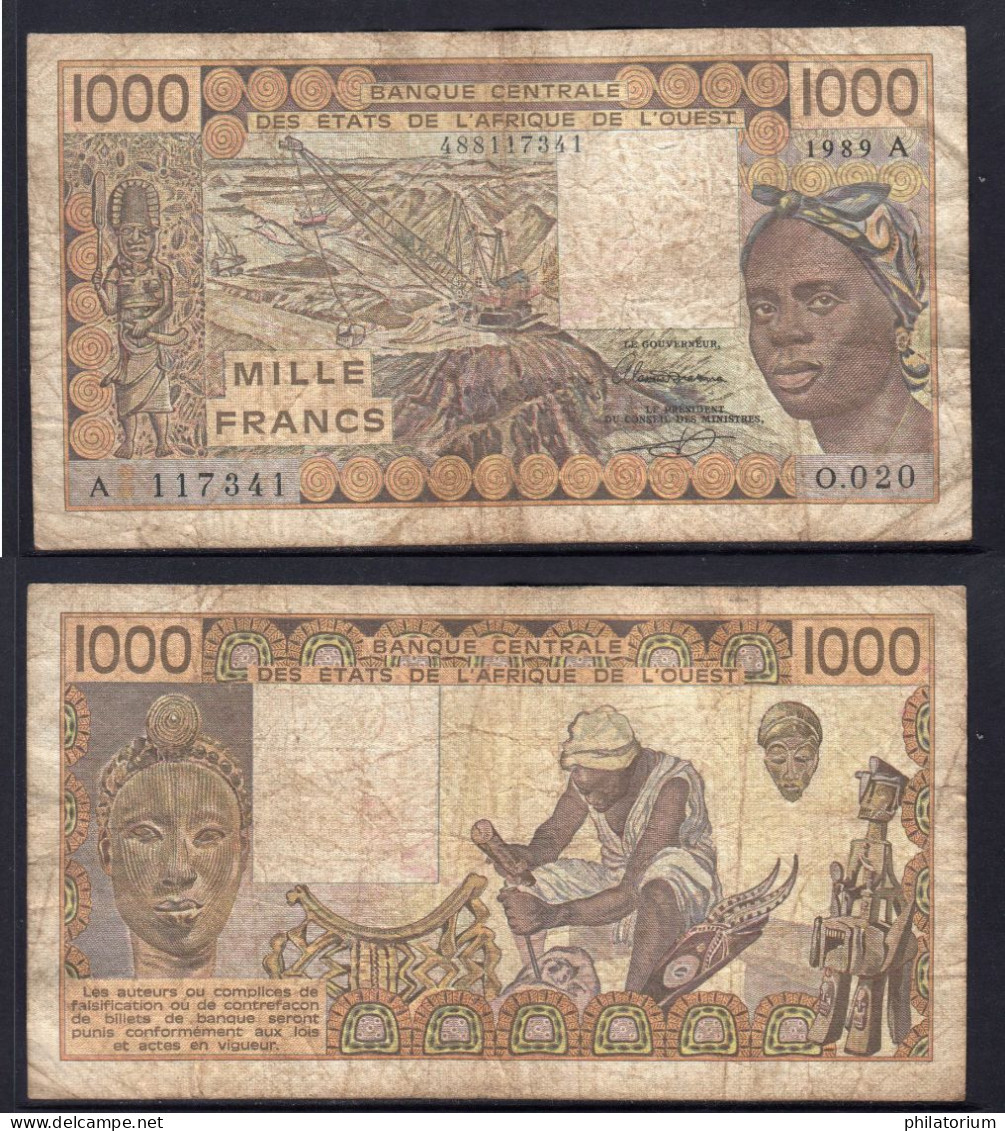 1000 Francs CFA, 1989 A, Côte D' Ivoire, O.020, A 117341, Oberthur, P#_07, Banque Centrale États De L'Afrique De L'Ouest - Stati Dell'Africa Occidentale