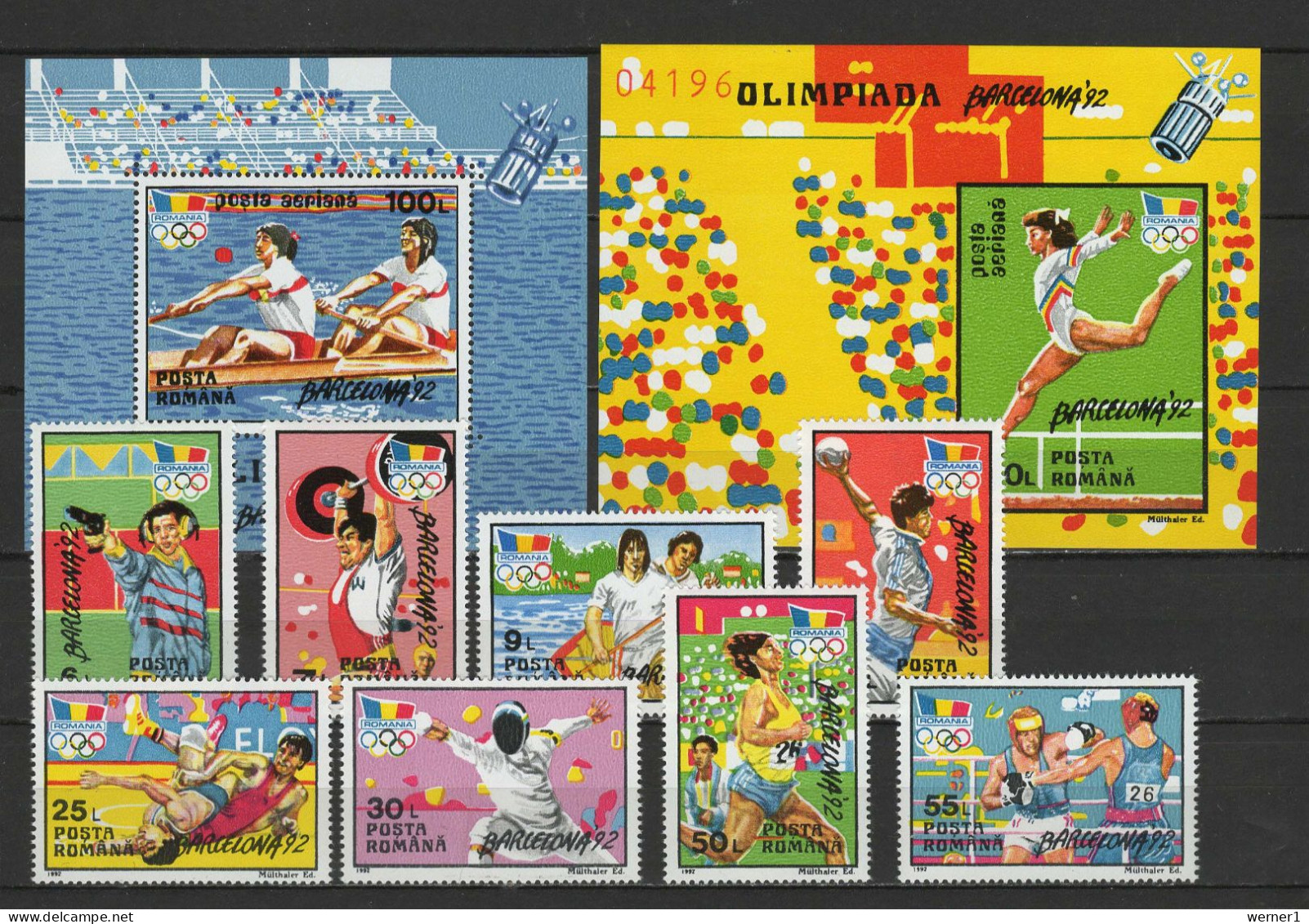 Romania 1992 Olympic Games Barcelona, Space, Rowing, Fencing, Handball Etc. Set Of 8 + 2 S/s MNH - Zomer 1992: Barcelona