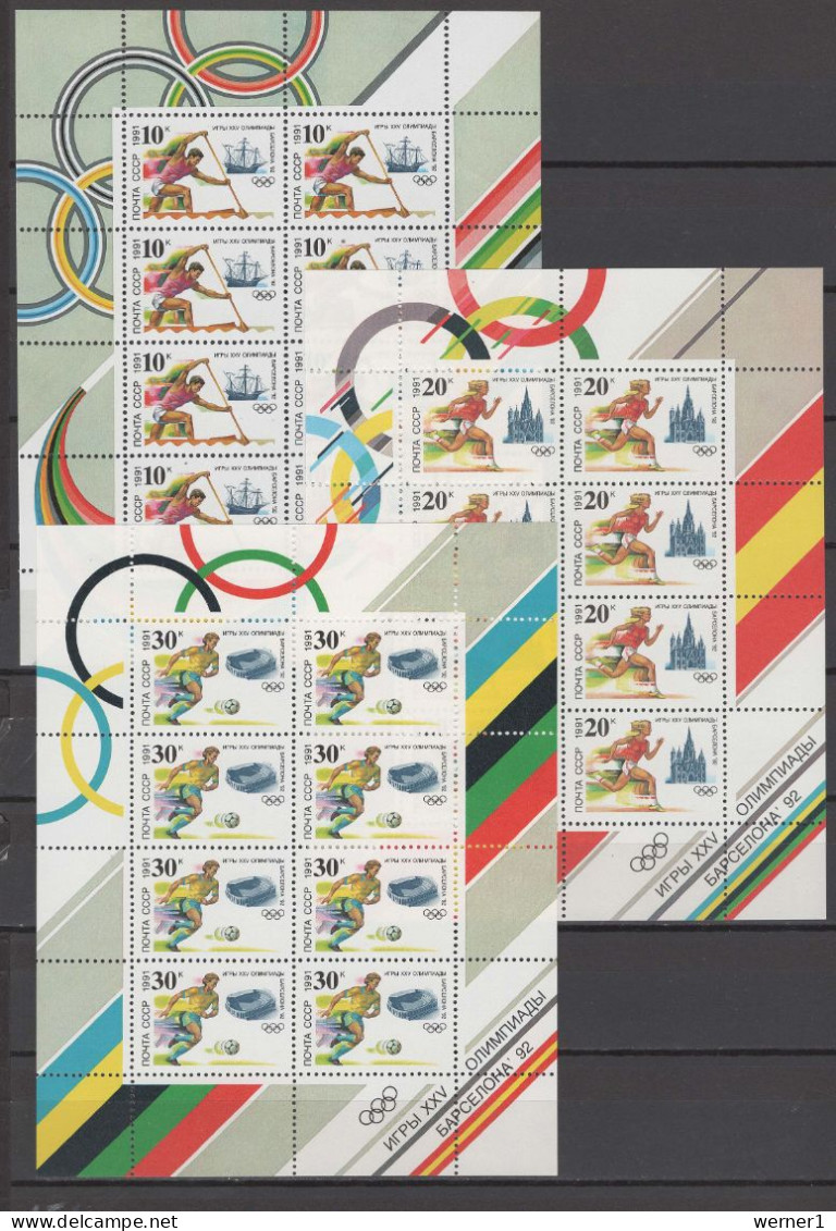 USSR Russia 1991 Olympic Games Barcelona, Rowing, Athletics, Football Soccer Set Of 3 Sheetlets MNH - Summer 1992: Barcelona