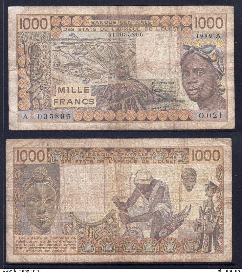 1000 Francs CFA, 1989 A, Côte D' Ivoire, O.021, A 035896, Oberthur, P#_07, Banque Centrale États De L'Afrique De L'Ouest - West African States