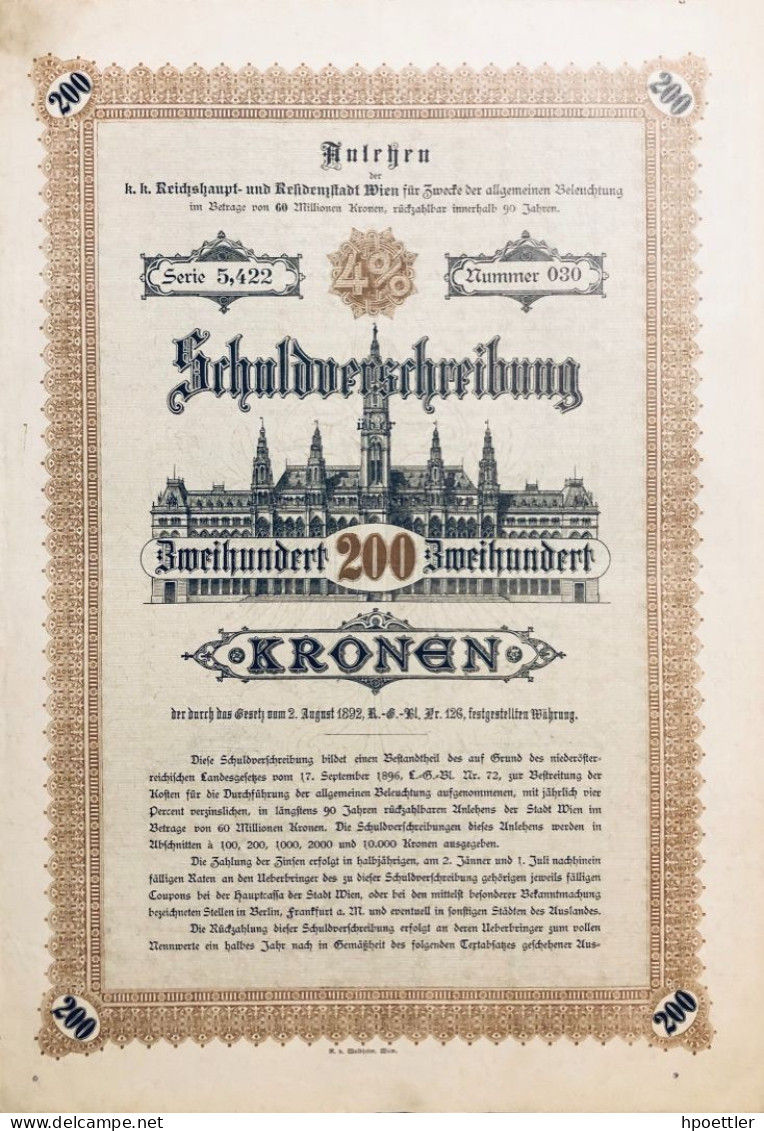 Vienne 1898: Anleihe Der K. K. Reichshaupt- Und Residenzstadt Wien - 200 Kronen - Ferrocarril & Tranvías