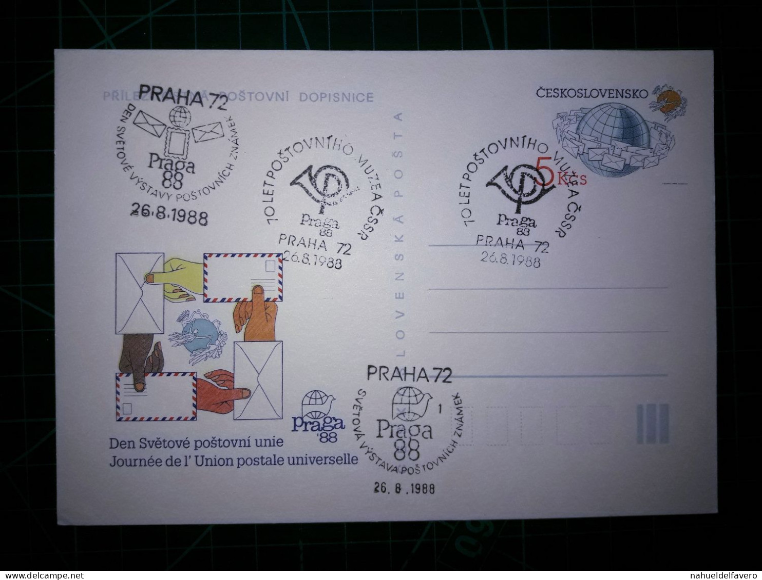 TCHÉCOSLOVAQUIE, Entier Postal Commémoratif De "Vstupenka, Prague 88". Avec Cachet Spécial De L'Union Postale Universell - Luchtpostbladen