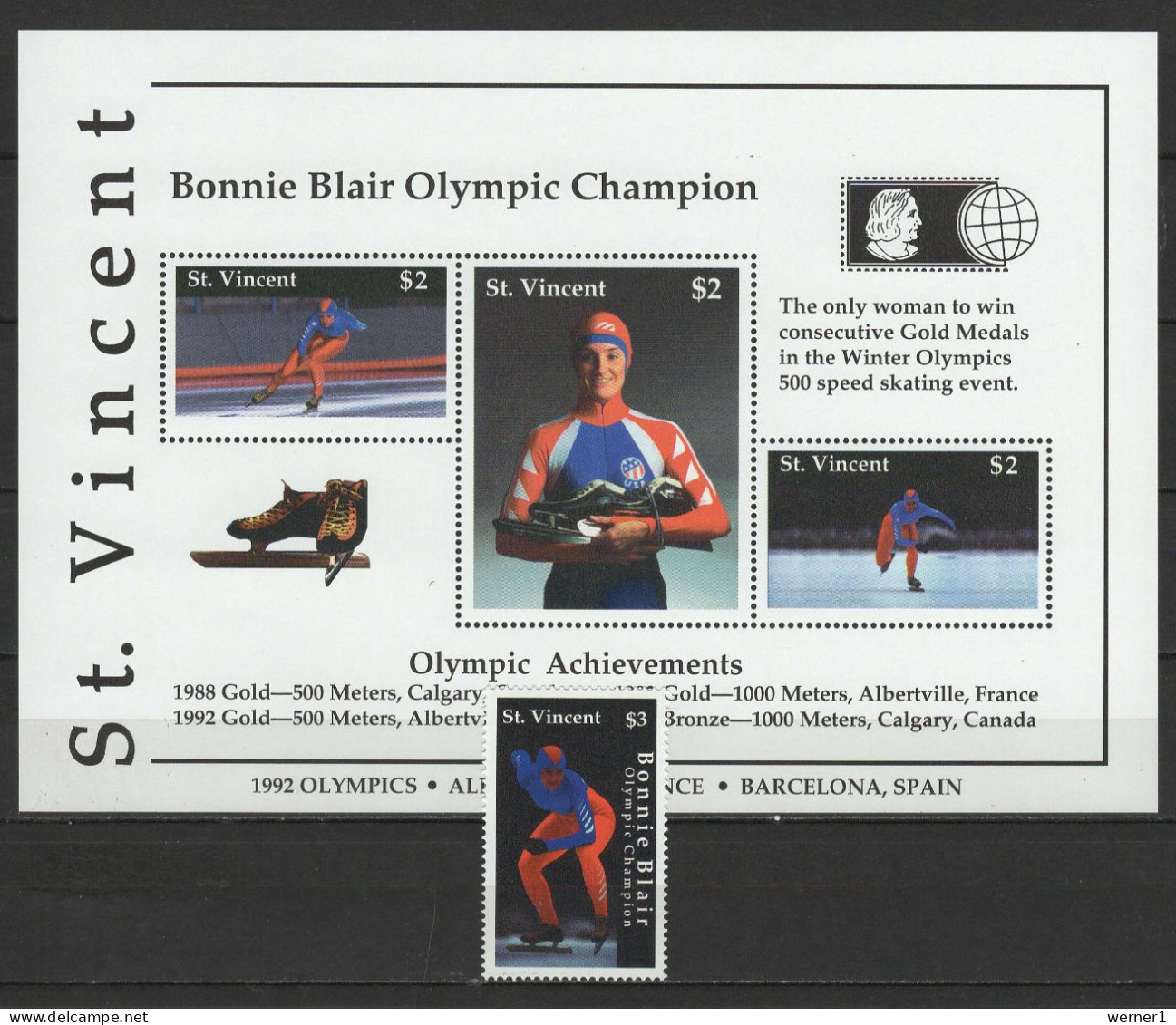 St. Vincent 1992 Olympic Winter Games, Bonnie Blair Stamp + S/s MNH - Winter 1992: Albertville