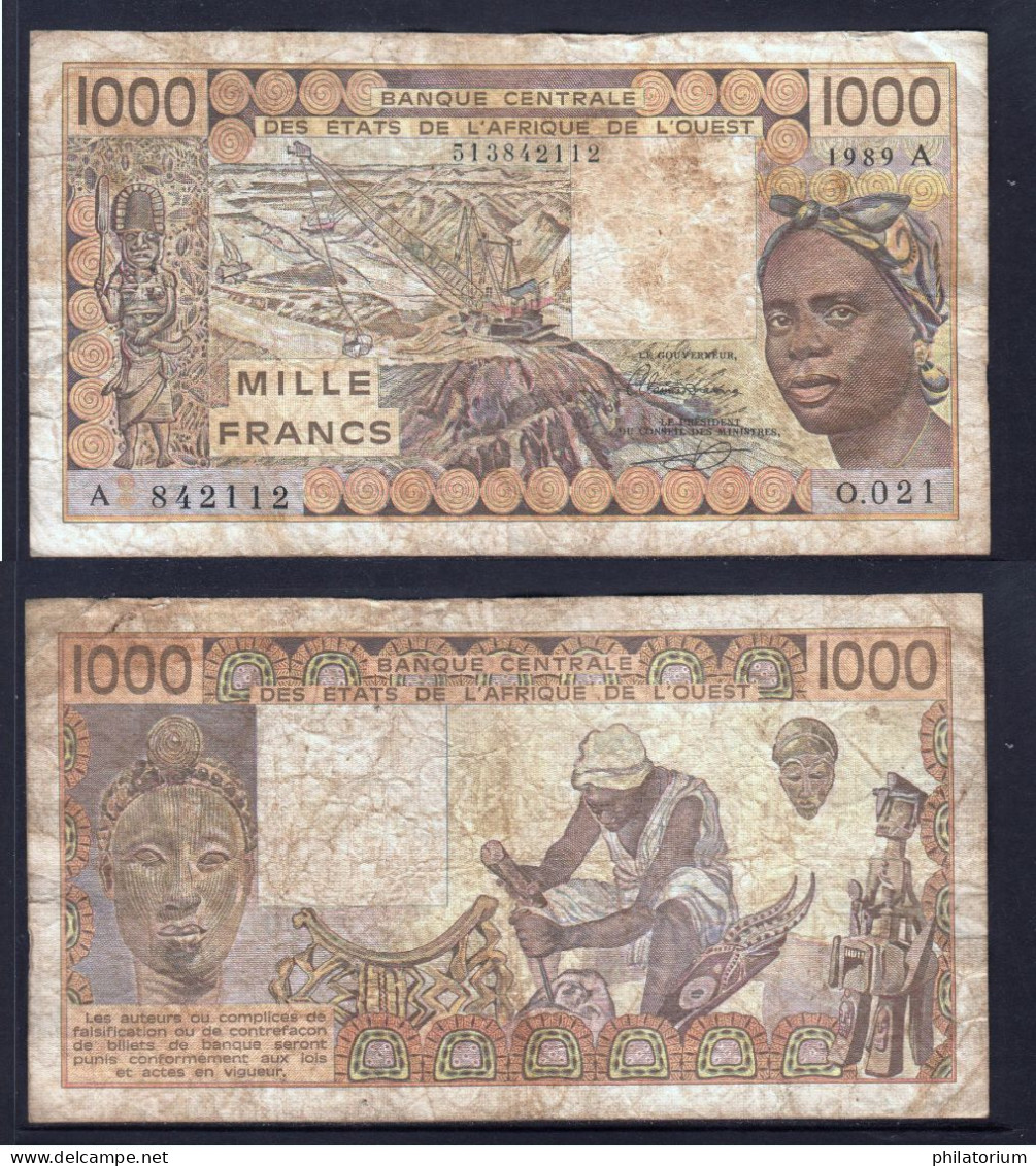 1000 Francs CFA, 1989 A, Côte D' Ivoire, O.021, A 842112 Oberthur, P#_07, Banque Centrale États De L'Afrique De L'Ouest - Stati Dell'Africa Occidentale