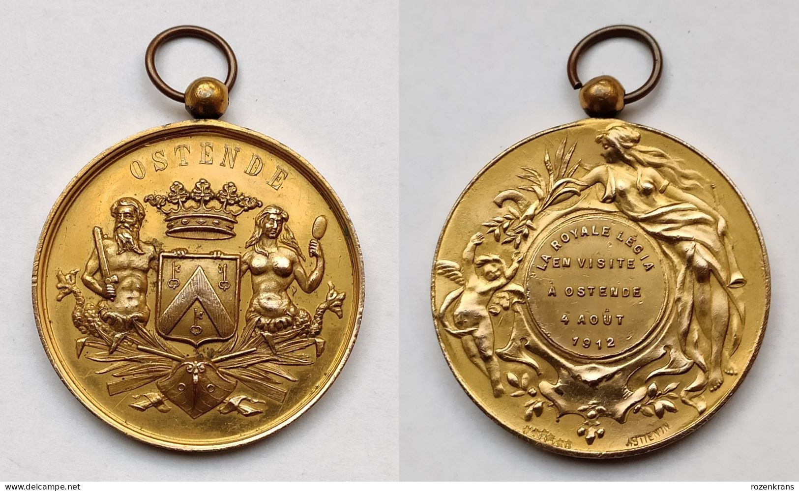 Oude Medaille Oostende Ostende La Royale Legia En Visite 4 Augustus 1912 Ancienne Old Medal Coin - Fichas De Municipios