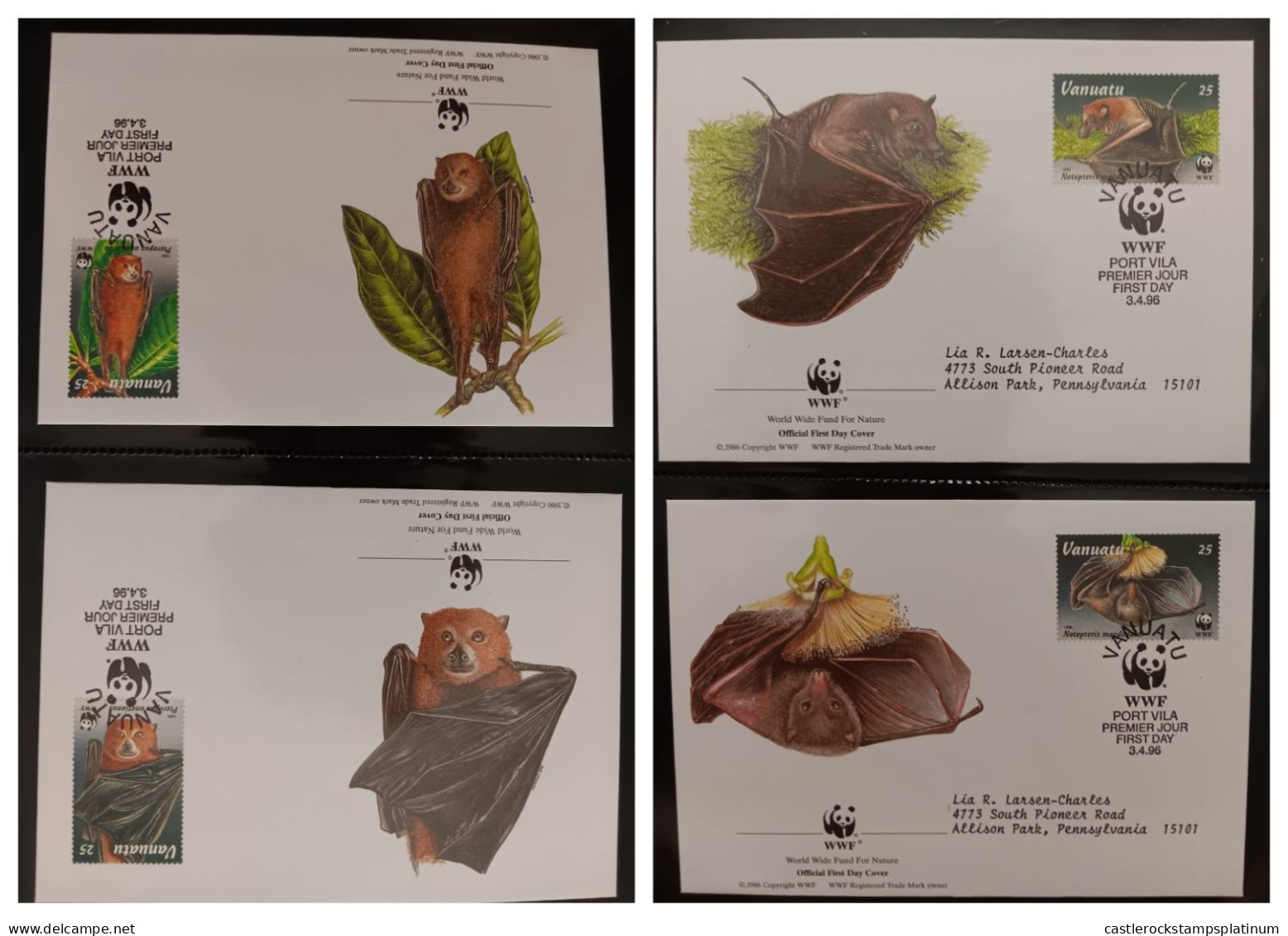 O) 1996 VANUATU, WWF - WORLD WILDLIFE  FUND, BAT, FLYING FOXES, NOTOPTERIS,  PTEROPUS, PTEROPUS,  FDC XF - Vanuatu (1980-...)