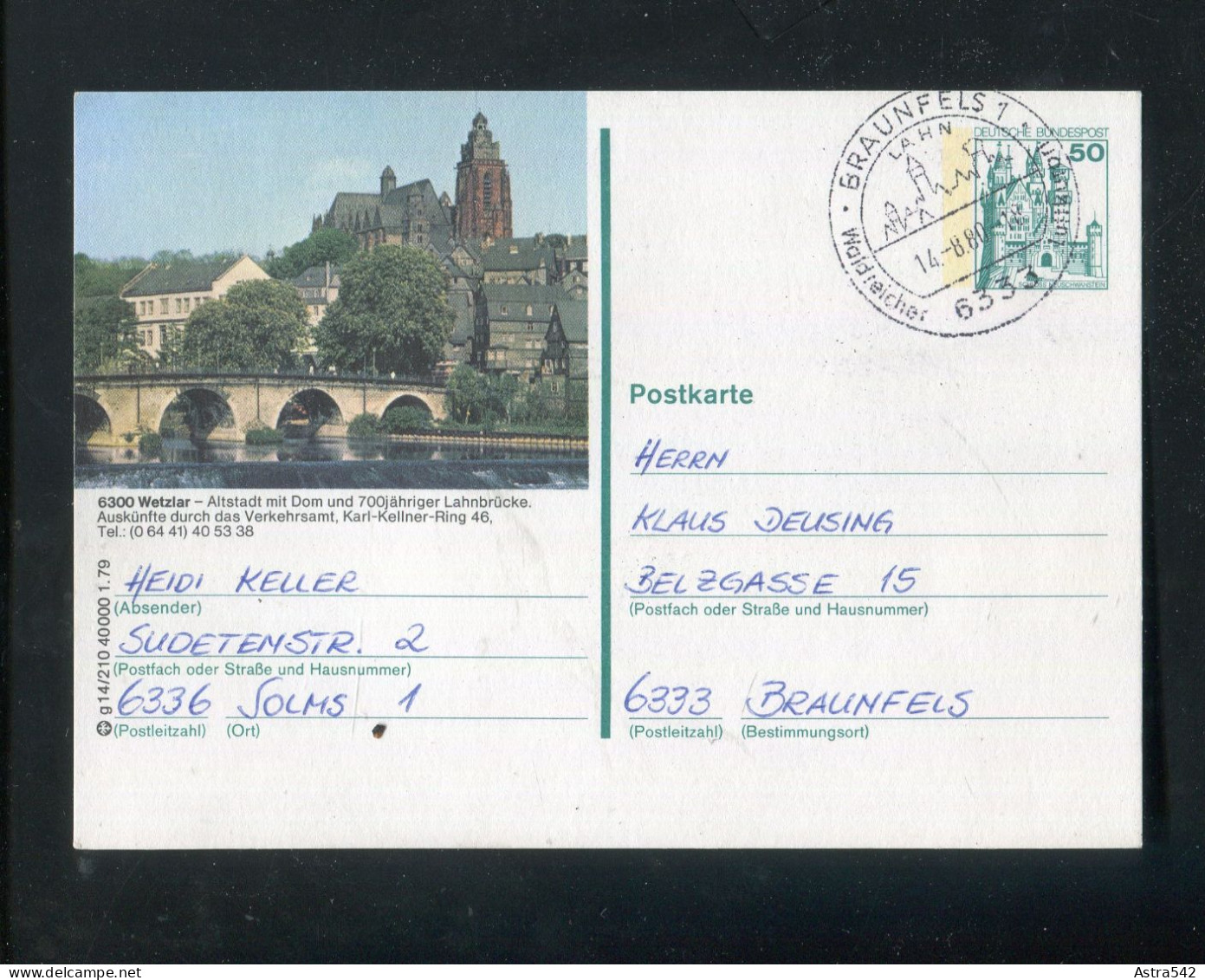 "BUNDESREPUBLIK DEUTSCHLAND" 1979, Bildpostkarte Mit Bild "WETZLAR" Und SSt. "BRAUNFELS" (A1040) - Cartes Postales Illustrées - Oblitérées