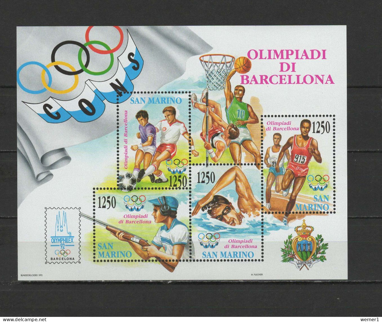 San Marino 1992 Olympic Games Barcelona, Football Soccer, Basketball Etc. S/s MNH - Verano 1992: Barcelona