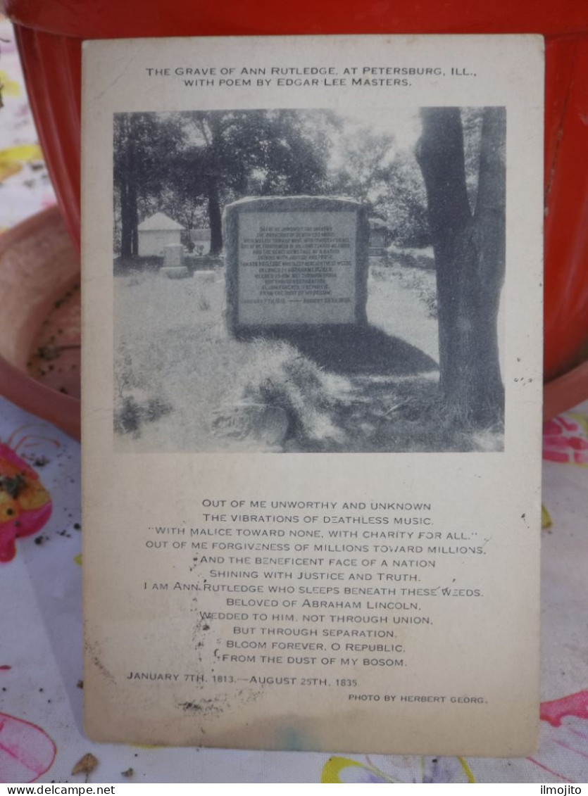 POSTCARD THE GRAVE OF ANN RUTLEDGE AT PETERSBURG WITH POEM BY EDGAR LEE MASTERS AK CPA - Autres & Non Classés